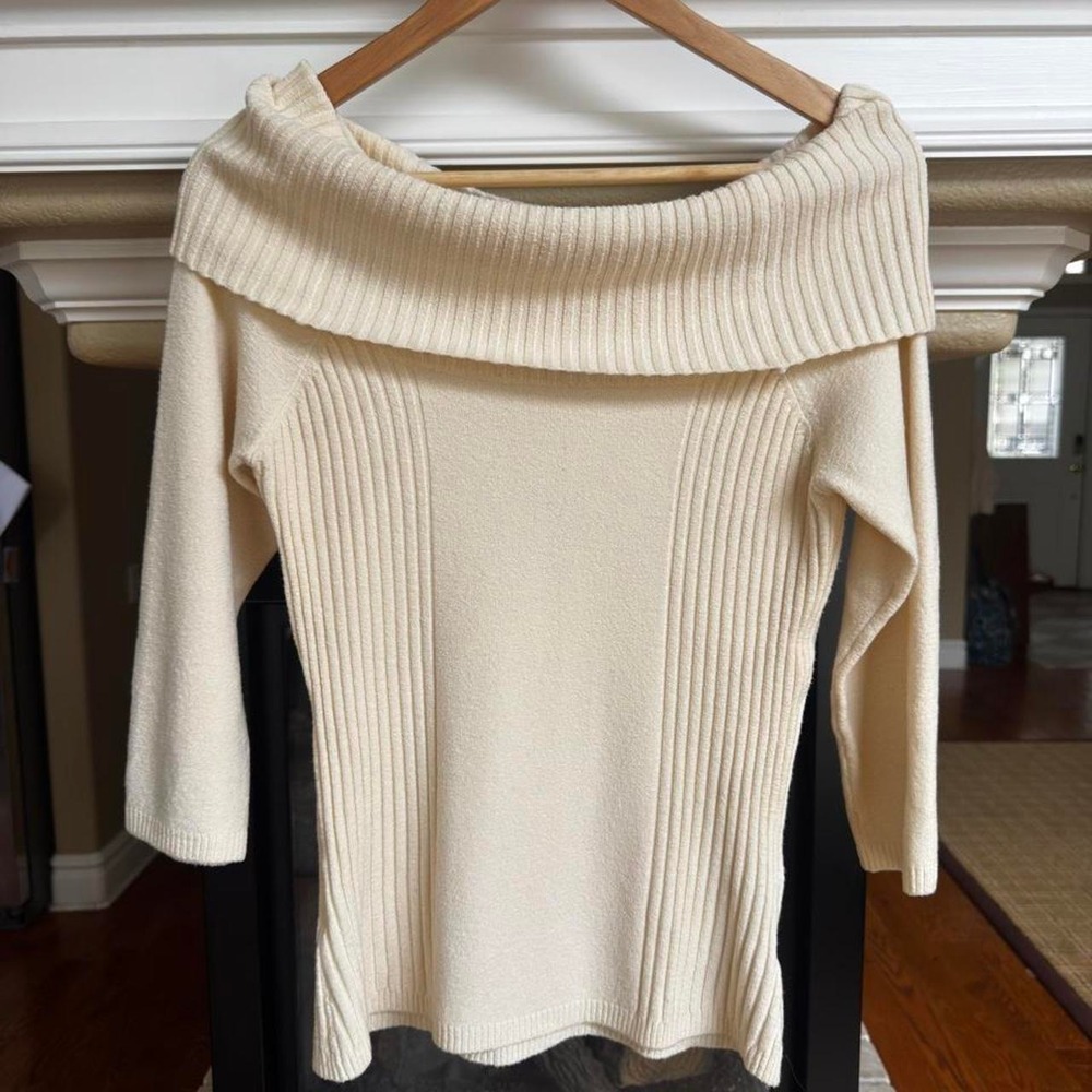 Y2K cream ribbed knit off the shoulder cowlneck 3/4 sleeve academia sweater top
